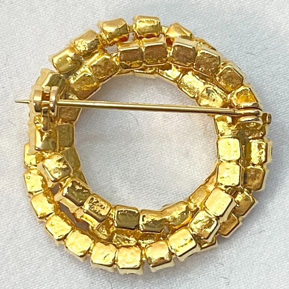 Spiral Circle Brooch Red White Blue Rhinestone Strands On Gold Tone Metal - Picture 6 of 8